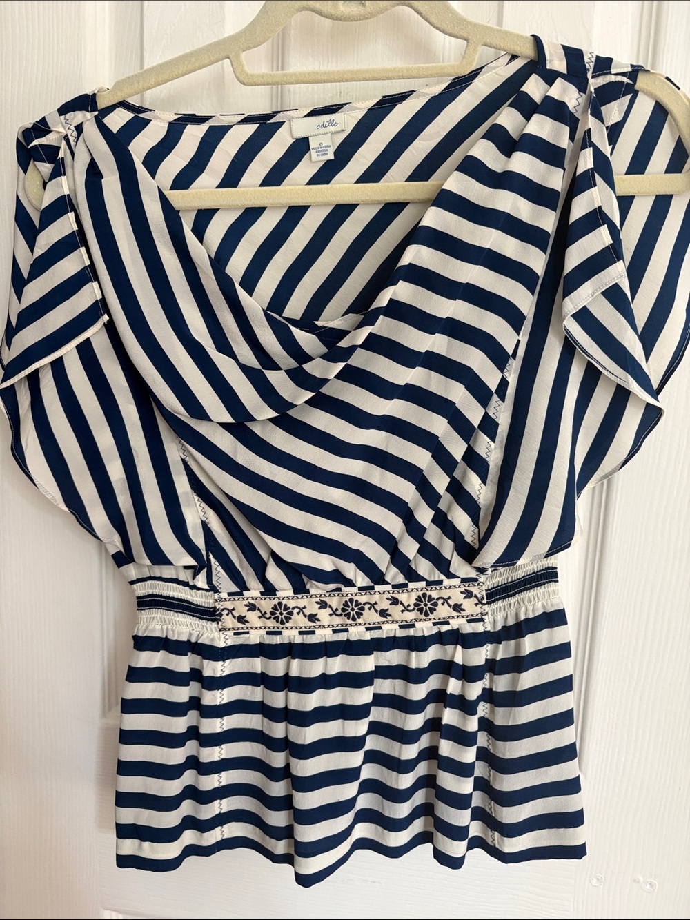 Odille Navy and White Striped Blouse with Embroidered Waist